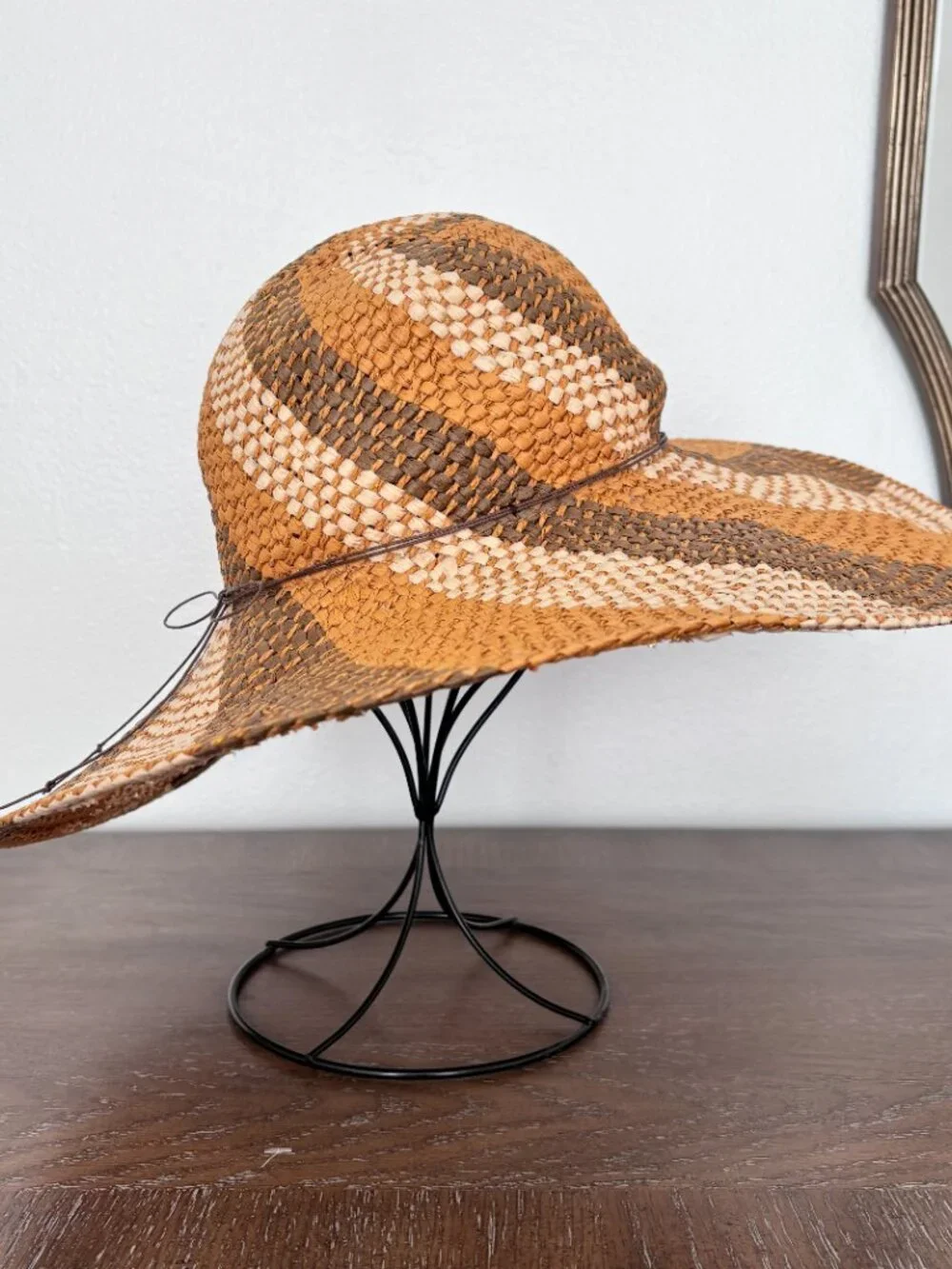 Mark. Wide Brim Straw Sun Hat Tan Brown Woven Stripe Beach Boho Chic